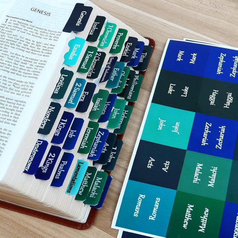 DOMMARE Blue Bible Tabs for Men Boys, 90 Pieces Laminated Large Print Bible Bookmarks, Waterproof Index Tabs Study Supplies Guide Kit, Baptism Christian Gifts for Women Girls Beginner Easy to Read - Image 1